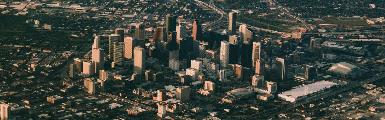 Aerial view of downtown Houston, Texas, a primary economic hub for Latin American companies